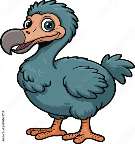 Cartoon illustration of a cheerful dodo bird with a smiling expression and blue feathers