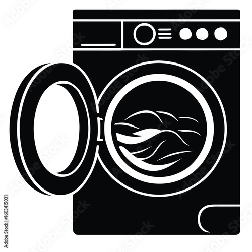 Washing machine open door silhouette vector illustration for laundry appliance and home cleaning service use