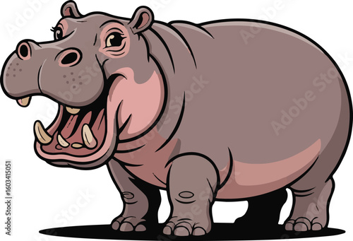 Cartoon illustration of a happy hippo with its mouth wide open depicting nature and wildlife
