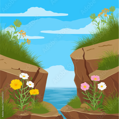 Wildflowers growing between cracks of seaside cliffs