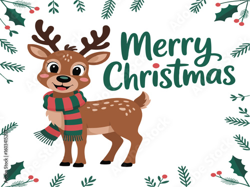 Cute christmas reindeer with green and red scarf and festive merry christmas greeting