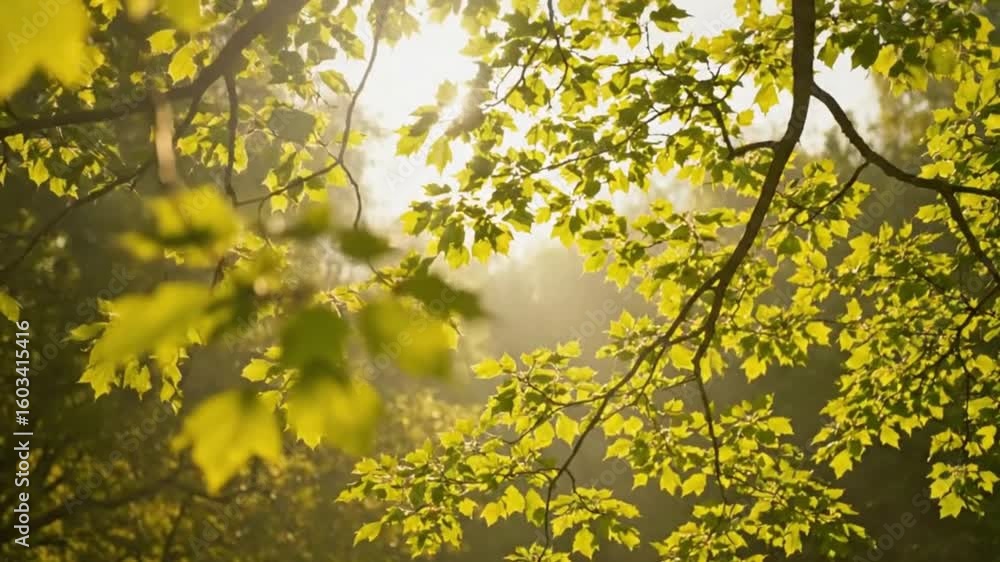 Poetic Scene of Gently Rustling Leaves in Clean Breeze with Sun Rays Piercing Through