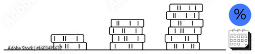Stacks of coins increasing in height alongside a percentage sign and calendar icon. Ideal for finance, investments, savings, budgeting, economic growth, interest rates, fiscal planning. Simple flat