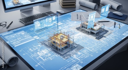 Engineering workspace with large format blueprint blending into interactive 3D construction simulation.