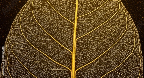 Close up of a translucent golden leaf skeleton with intricate vein patterns translucent leaf veins