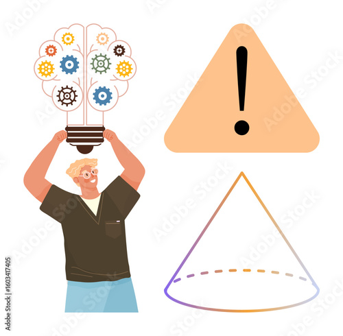 Man with lightbulb containing gears over his head, triangle with exclamation mark, and wireframe pyramid. Ideal for creativity, innovation, problem-solving, warning, ideas, hierarchy abstract