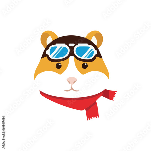 The head of a cute hamster pilot wearing vintage aviator goggles and a red scarf. A brave and adventurous character mascot for a startup, tech company, or travel brand. Flat vector icon.

