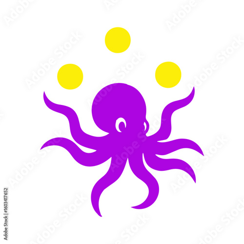 A skillful purple octopus character juggling three yellow balls with a happy expression. A multi-tasking cephalopod showing off its talent. Cute flat vector illustration for versatility and fun.


