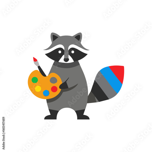 A creative raccoon artist holding a colorful painter's palette and a paintbrush. A cute animal character mascot for an art studio, creative brand, or class. Modern flat vector design.


