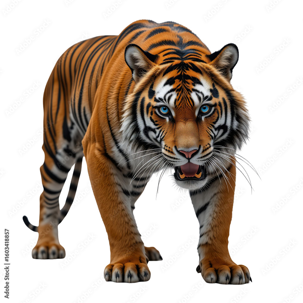 Obraz premium Majestic Bengal Tiger Approaching Powerful Wild Cat Portrait Striking Blue Eyes
