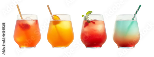 Three glasses filled with different colored drinks on a sandy beach.