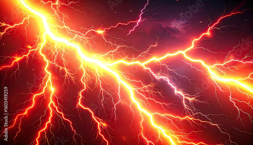 赤と黄色のイナズマ。イナズマが混じり合う対立構造。Red and yellow lightning. A contrasting structure in which lightning mixes together.