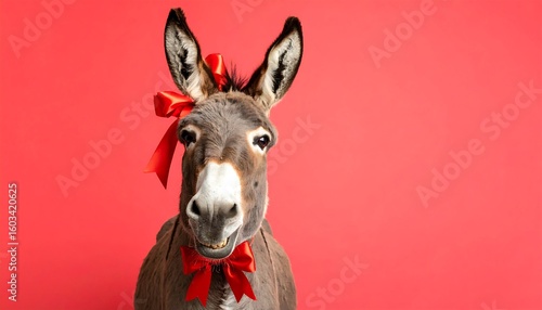 A donkey with a red ribbon