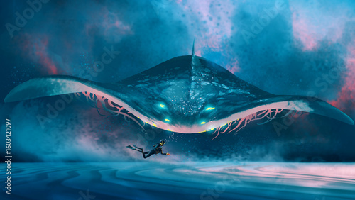 A deep-sea diver approaches a massive glowing manta-like creature in a surreal underwater world, illuminated by vibrant bioluminescence, digital art style, illustration painting