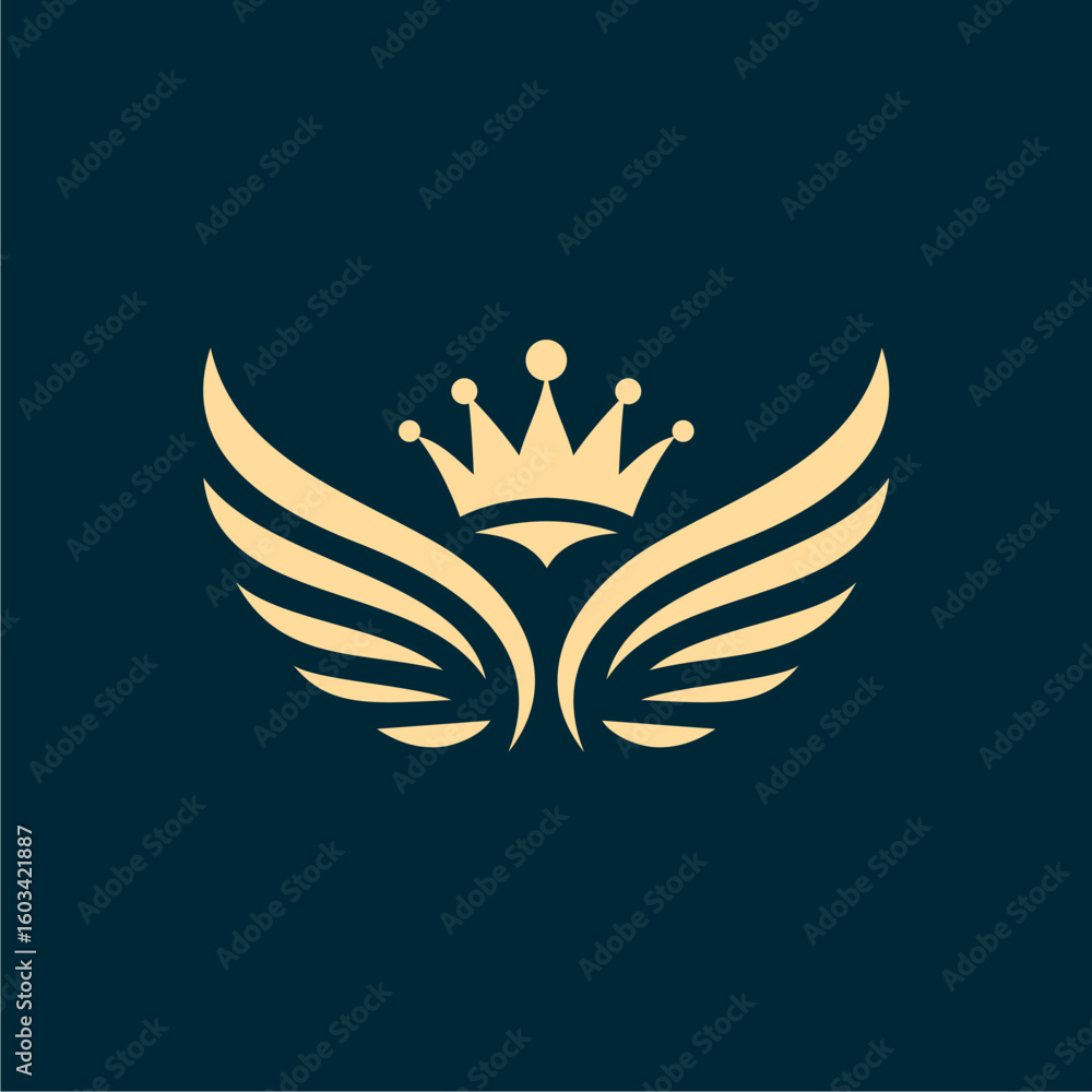 Obraz premium Golden crown with spread wings, emblem design on a dark background.