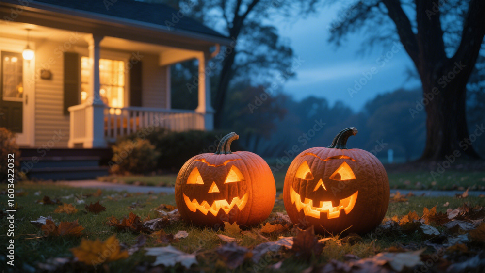 Obraz premium A twilight scene featuring two intricately carved jack-o'-lanterns glowing warmly on a leaf-strewn lawn. Halloween, Halloween Costumes, Halloween Background, Happy Halloween