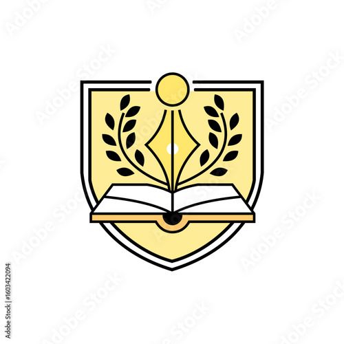 A crest featuring an open book, pen, laurel branches, and a sun.
