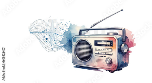 A vintage radio with antenna and sound waves in watercolor style on a black background illustration