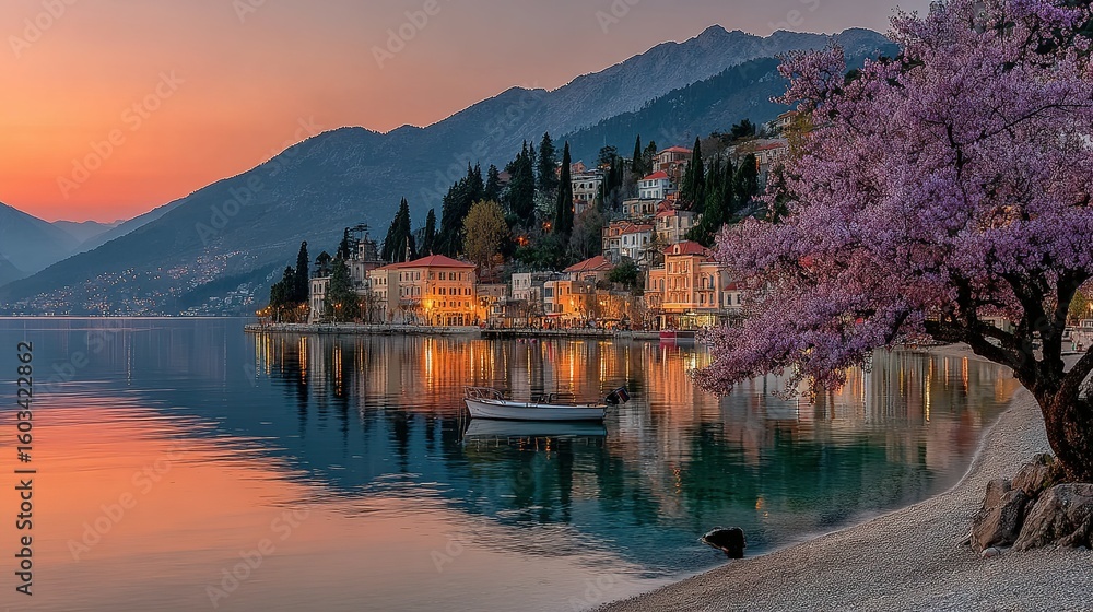 Fototapeta premium Picturesque harbor town at dawn with reflections on the calm water.