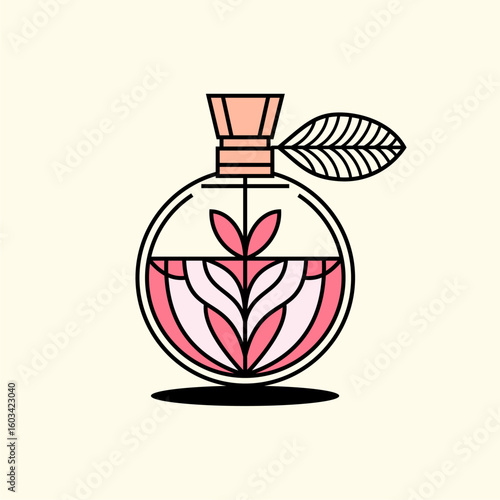 Elegant, stylized perfume bottle design with floral motifs and a leaf.