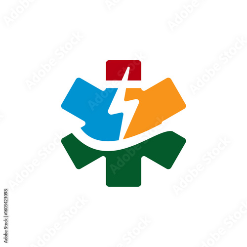 Abstract medical logo design featuring a stylized lightning bolt within a six-pointed star, symbolizing energy and healthcare.