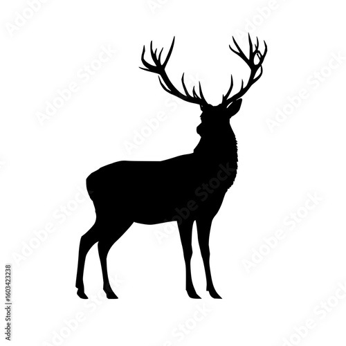 Silhouette of a majestic stag standing tall with large antlers against a solid white background image view