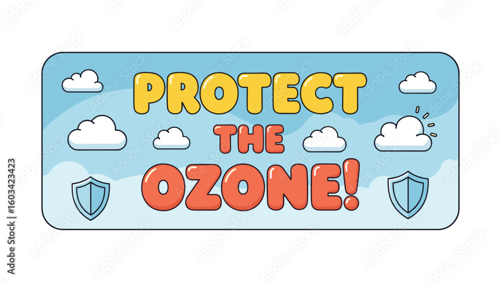 Fototapeta premium Cartoon Illustration for Ozone Layer Protection with Clouds and Shield Icons
