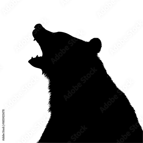 Silhouette of a roaring bear with open mouth showing teeth against a white background in side profile view