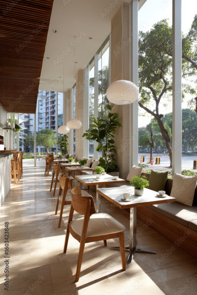 Fototapeta premium modern stylish cafe on street featuring decorative elements on walls bathed in sunlight