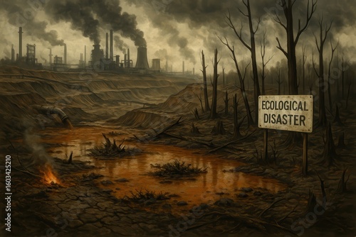 Devastated mining region revealing environmental catastrophe with polluted soil and contaminated water systems