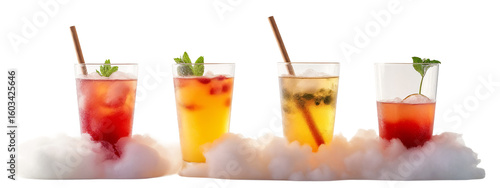 Three glasses filled with different colored drinks sitting on top  a cloud.