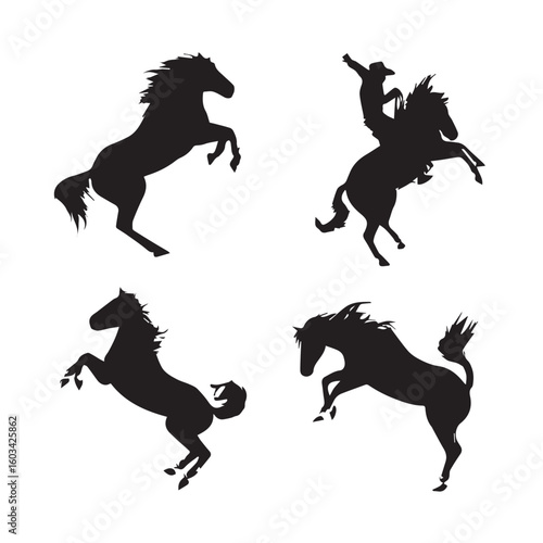 vector illustration of bucking bronco silhouette set, Black & White silhouette set