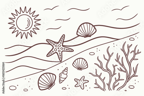 Hand drawn summer vintage icon set. Palm tree, sun and sea, seashells, coral, in doodle sketch style. Drawing ink. Italian concept, ocean, vacation and travel. Vector whimsical elements for print.