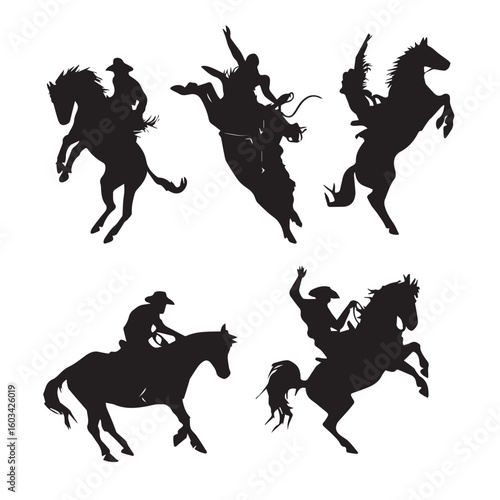 vector illustration of bucking bronco silhouette set, Black & White silhouette set