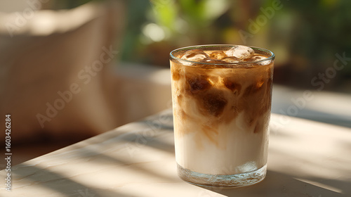 Iced coffee with a creamy swirl, sits in the sun on a marble counter, a cool & refreshing treat.