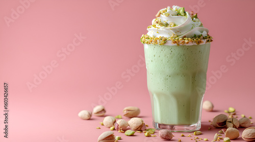 Pistachio Delight: A creamy green smoothie topped with whipped cream and nuts on a pink background.