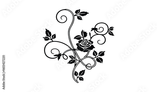 Elegant black wrought iron scrollwork featuring a detailed rose and swirling vine elements on a white background