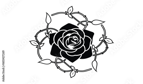 Elegant black silhouette of a rose surrounded by thorny twisting vines and leaves