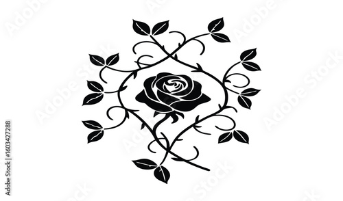 Elegant black silhouette of a blooming rose surrounded by intricate thorny vine swirls and leaves