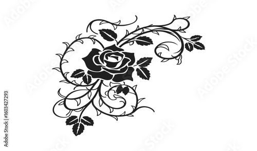 Elegant black silhouette of a blooming rose with thorny vines and swirling decorative flourishes