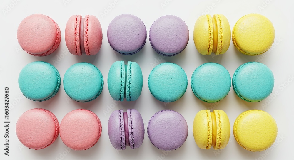 Obraz premium Assorted Macarons Arranged on White Background