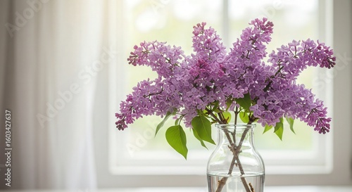 Lilac flowers in a glass vase on a table by the window  