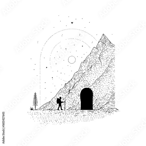 A lone hiker approaches a dark cave entrance nestled within a stylized mountain landscape at night time