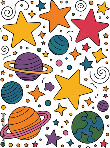 Playful Cartoon Solar System Design with Multicolored Planets, Star Clusters, Orbit Paths, and Cosmic Swirls – Creative Hand Drawn Space Background for Kids’ Activities, Educational Tools, and Nursery