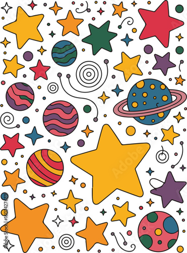 Whimsical Cartoon Space Background Featuring Colorful Planets, Bright Yellow Stars, Spirals, Doodles, and Orbits on a White Background – Fun and Playful Astronomy Illustration for Kids and Educational