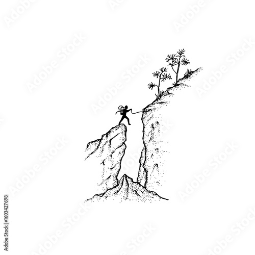 A lone climber traverses a chasm between rocky peaks with sparse vegetation in a monochrome sketch