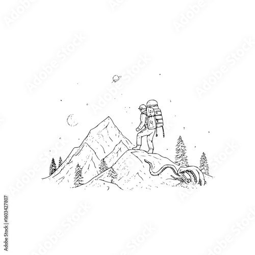Astronaut exploring a mountain landscape with trees, stars, moon, ufo, and a strange creature in line art