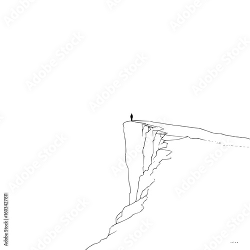 A solitary figure stands at the edge of a jagged cliff, rendered in minimalist black and white line art