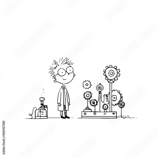 Cartoon scientist with glasses standing next to a complex machine with gears and a small device