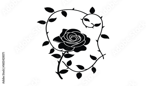 Elegant black silhouette of a rose entwined with a thorny vine forming a human head profile